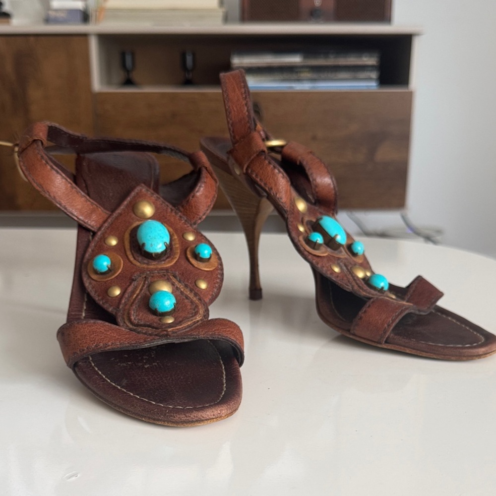 Miu Miu Brown Heels with Western Style Turquoise Embellishments Size 39